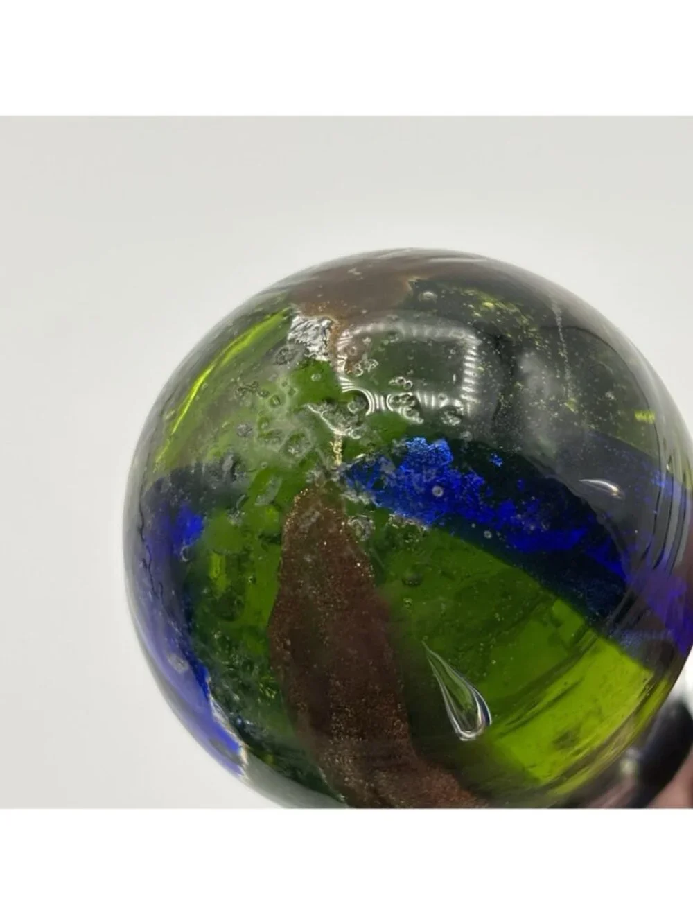 Art Glass Wine Bottle Stopper Topper Green Ball Gold Blue Striped Glossy Bubbles